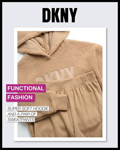 بدلة رياضية للفتيات من DKNY - قطعتين من سويت شيرت بغطاء للرأس من صوف الشيربا وبنطلون رياضي - طقم سراويل رياضية للبنات، 7-12 in Kuwait