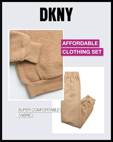 بدلة رياضية للفتيات من DKNY - قطعتين من سويت شيرت بغطاء للرأس من صوف الشيربا وبنطلون رياضي - طقم سراويل رياضية للبنات، 7-12 in Kuwait