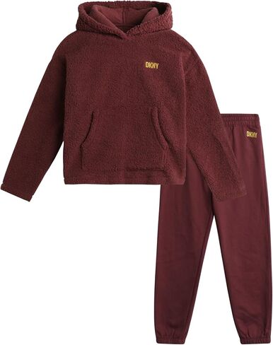بدلة رياضية للفتيات من DKNY - قطعتين من سويت شيرت بغطاء للرأس من صوف الشيربا وبنطلون رياضي - طقم سراويل رياضية للبنات، 7-12 in Kuwait