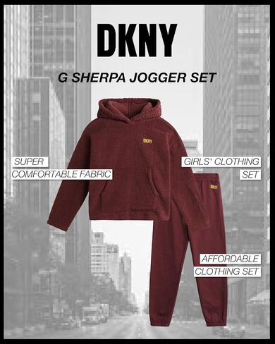 بدلة رياضية للفتيات من DKNY - قطعتين من سويت شيرت بغطاء للرأس من صوف الشيربا وبنطلون رياضي - طقم سراويل رياضية للبنات، 7-12 in Kuwait