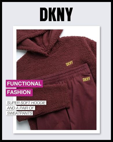 بدلة رياضية للفتيات من DKNY - قطعتين من سويت شيرت بغطاء للرأس من صوف الشيربا وبنطلون رياضي - طقم سراويل رياضية للبنات، 7-12 in Kuwait