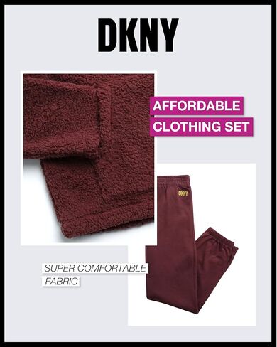 بدلة رياضية للفتيات من DKNY - قطعتين من سويت شيرت بغطاء للرأس من صوف الشيربا وبنطلون رياضي - طقم سراويل رياضية للبنات، 7-12 in Kuwait