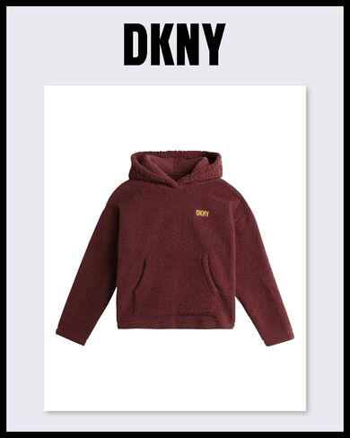 بدلة رياضية للفتيات من DKNY - قطعتين من سويت شيرت بغطاء للرأس من صوف الشيربا وبنطلون رياضي - طقم سراويل رياضية للبنات، 7-12 in Kuwait