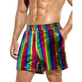 Casey Kevin Mens Metallic Shiny Shorts with Pockets Sparkly Pants for Rave Disco Ball Costume Music Festival