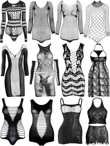 Geyoga 12 Pieces Women's Fishnet Lingerie Mesh Babydoll Bodysuit Lace Smock Lingerie for Women (Black,Elegant Style) in Saudi Arabia