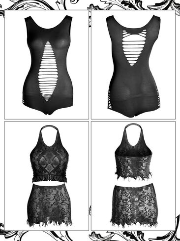 Geyoga 12 Pieces Women's Fishnet Lingerie Mesh Babydoll Bodysuit Lace Smock Lingerie for Women (Black,Elegant Style) in Saudi Arabia