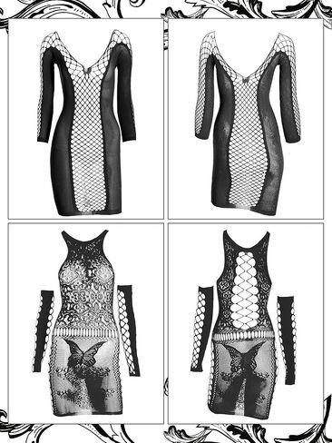 Geyoga 12 Pieces Women's Fishnet Lingerie Mesh Babydoll Bodysuit Lace Smock Lingerie for Women (Black,Elegant Style) in Saudi Arabia