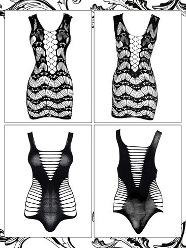 Geyoga 12 Pieces Women's Fishnet Lingerie Mesh Babydoll Bodysuit Lace Smock Lingerie for Women (Black,Elegant Style) in Saudi Arabia