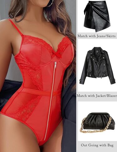 ملابس داخلية نسائية من Genhoo قطعة واحدة من الجلد على شكل حرف V عميقة بأربطة وزهور مقاس S-XXL in Kuwait