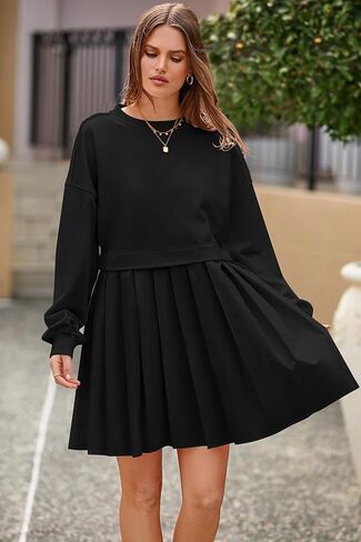 فستان سويت شيرت نسائي كاجوال من PRETTYGARDEN بأكمام طويلة وبلوفر علوي وفساتين قصيرة مطوية in Kuwait