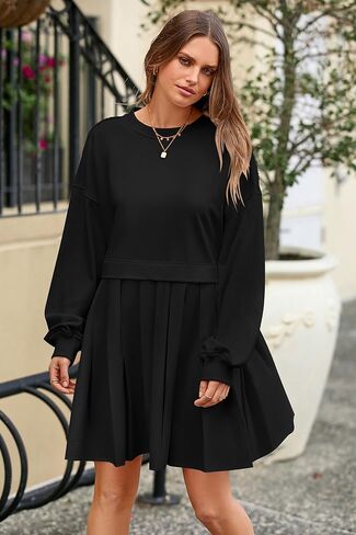 فستان سويت شيرت نسائي كاجوال من PRETTYGARDEN بأكمام طويلة وبلوفر علوي وفساتين قصيرة مطوية in Kuwait