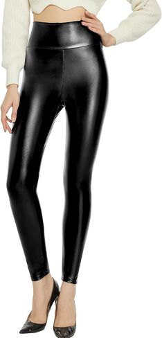 Kunifoy Womens Stretchy Faux Leather Leggings Sexy High Waisted Tights Black in Kuwait