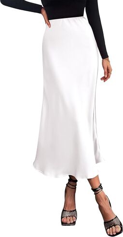 تنورة نسائية من PRETTYGARDEN من الساتان متوسطة الطول أنيقة كاجوال بخصر عالٍ على شكل حرف A تنانير حفلات أنيقة مكشكشة in Kuwait