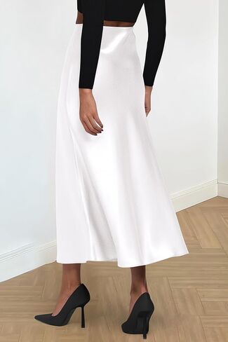 تنورة نسائية من PRETTYGARDEN من الساتان متوسطة الطول أنيقة كاجوال بخصر عالٍ على شكل حرف A تنانير حفلات أنيقة مكشكشة in Kuwait