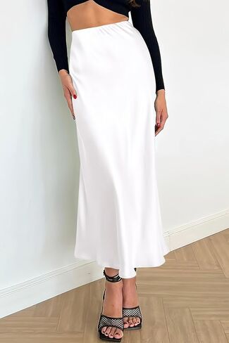 تنورة نسائية من PRETTYGARDEN من الساتان متوسطة الطول أنيقة كاجوال بخصر عالٍ على شكل حرف A تنانير حفلات أنيقة مكشكشة in Kuwait