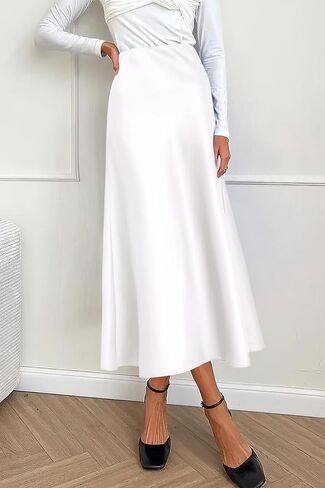 تنورة نسائية من PRETTYGARDEN من الساتان متوسطة الطول أنيقة كاجوال بخصر عالٍ على شكل حرف A تنانير حفلات أنيقة مكشكشة in Kuwait