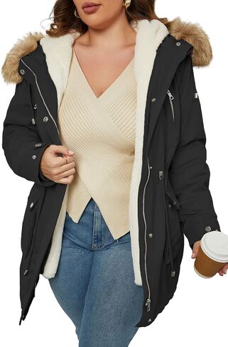 Geschallino Women's Plus Size 3-in-1 Parka Coat Zip Detachable Warm Fleece Lined Outwear with Waist Drawstring (1X-5X) in Kuwait