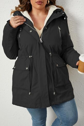 Geschallino Women's Plus Size 3-in-1 Parka Coat Zip Detachable Warm Fleece Lined Outwear with Waist Drawstring (1X-5X) in Kuwait