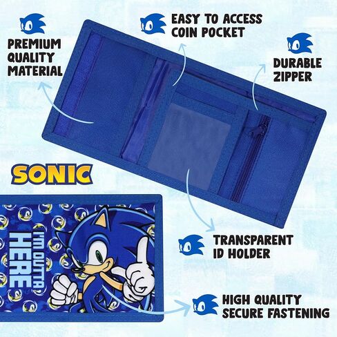 Sonic The Hedgehog Wallet for Kids, Boys and Girls Trifold Purse Canvas Hook and Loop Closure Cool Wallets with Zip & Pound Coin Holder. in Saudi Arabia