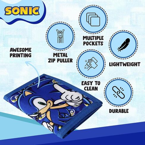 Sonic The Hedgehog Wallet for Kids, Boys and Girls Trifold Purse Canvas Hook and Loop Closure Cool Wallets with Zip & Pound Coin Holder. in Saudi Arabia