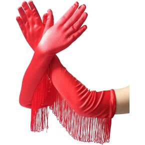 قفازات Kakaco النسائية من الساتان، قفازات طويلة بشراشيب، قفازات للكوع هامشية، قفازات تنكرية للحفلات المسائية للنساء والفتيات in Kuwait