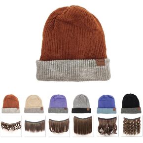 NOOFNO Fall/Winter Beanie for Women,Hat with Hair Attached Wig,Double Wool Warm Knitted Hat in Kuwait