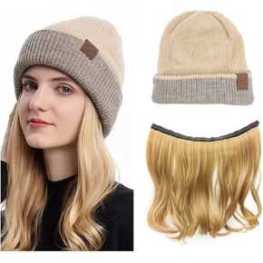 NOOFNO Fall/Winter Beanie for Women,Hat with Hair Attached Wig,Double Wool Warm Knitted Hat