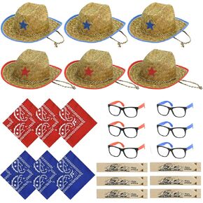 مجموعة قبعات رعاة البقر من القش للاطفال مكونة من 24 قطعة من ميوني، تتضمن 6 قبعات حفلات كاوبوي مع باندانا ازرق واحمر ونظارات، ديكورات حفلات راعية البقر للاولاد والبنات، لوازم حفلات اعياد الميلاد in Kuwait