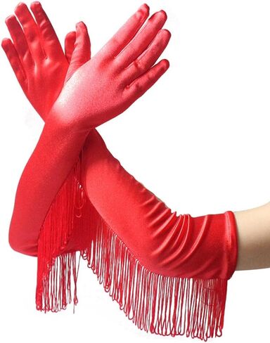 قفازات Kakaco النسائية من الساتان، قفازات طويلة بشراشيب، قفازات للكوع هامشية، قفازات تنكرية للحفلات المسائية للنساء والفتيات in Kuwait