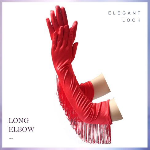 قفازات Kakaco النسائية من الساتان، قفازات طويلة بشراشيب، قفازات للكوع هامشية، قفازات تنكرية للحفلات المسائية للنساء والفتيات in Kuwait