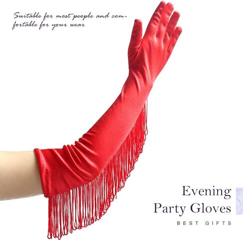 قفازات Kakaco النسائية من الساتان، قفازات طويلة بشراشيب، قفازات للكوع هامشية، قفازات تنكرية للحفلات المسائية للنساء والفتيات in Kuwait