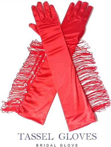 قفازات Kakaco النسائية من الساتان، قفازات طويلة بشراشيب، قفازات للكوع هامشية، قفازات تنكرية للحفلات المسائية للنساء والفتيات in Kuwait