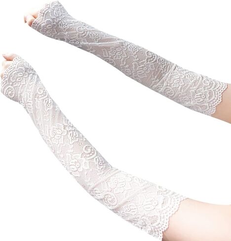 Katutude Women Lace Gloves - Long Fingerless Floral Lace Gloves Elbow Length Gloves UV Protection Arm Sleeves for Wedding Opera Party Outdoor Activities, White in Saudi Arabia