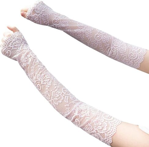 Katutude Women Lace Gloves - Long Fingerless Floral Lace Gloves Elbow Length Gloves UV Protection Arm Sleeves for Wedding Opera Party Outdoor Activities, White in Saudi Arabia