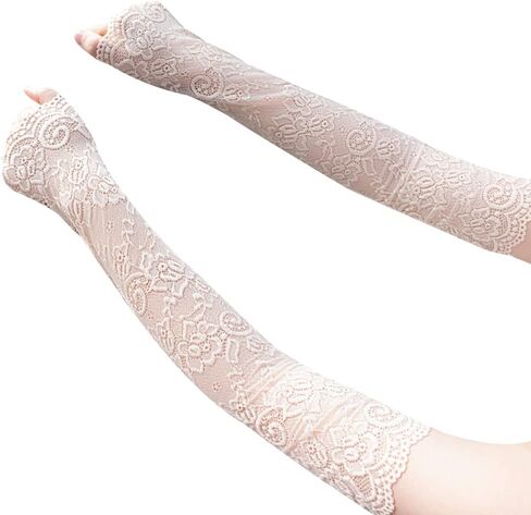 Katutude Women Lace Gloves - Long Fingerless Floral Lace Gloves Elbow Length Gloves UV Protection Arm Sleeves for Wedding Opera Party Outdoor Activities, White in Saudi Arabia