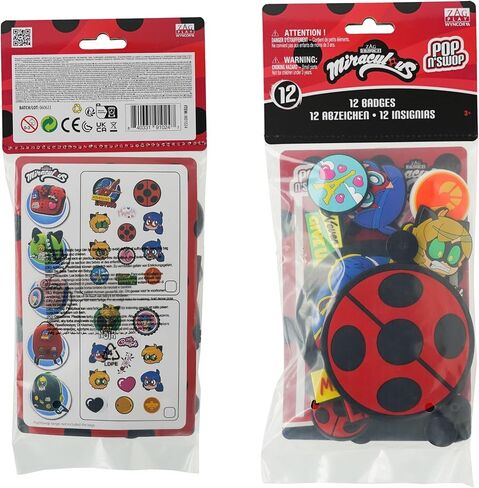 Miraculous Ladybug - Pop n' Swop 12 Assorted Ladybug and Cat Noir Badges, Regular and XXL Clip-on Badges, compatible with Pop n' Swop Purses, Shoulder Bag and Backpacks (Wyncor) in Saudi Arabia