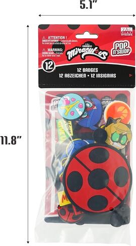 Miraculous Ladybug - Pop n' Swop 12 Assorted Ladybug and Cat Noir Badges, Regular and XXL Clip-on Badges, compatible with Pop n' Swop Purses, Shoulder Bag and Backpacks (Wyncor) in Saudi Arabia