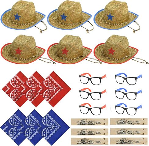 مجموعة قبعات رعاة البقر من القش للاطفال مكونة من 24 قطعة من ميوني، تتضمن 6 قبعات حفلات كاوبوي مع باندانا ازرق واحمر ونظارات، ديكورات حفلات راعية البقر للاولاد والبنات، لوازم حفلات اعياد الميلاد in Kuwait