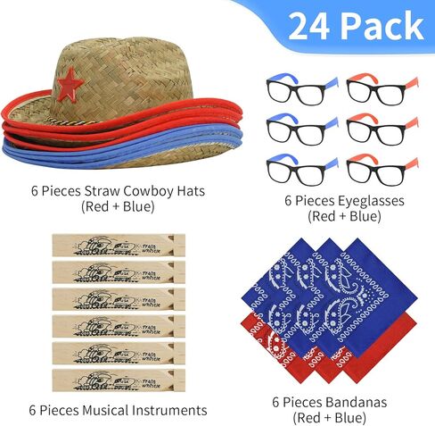 مجموعة قبعات رعاة البقر من القش للاطفال مكونة من 24 قطعة من ميوني، تتضمن 6 قبعات حفلات كاوبوي مع باندانا ازرق واحمر ونظارات، ديكورات حفلات راعية البقر للاولاد والبنات، لوازم حفلات اعياد الميلاد in Kuwait