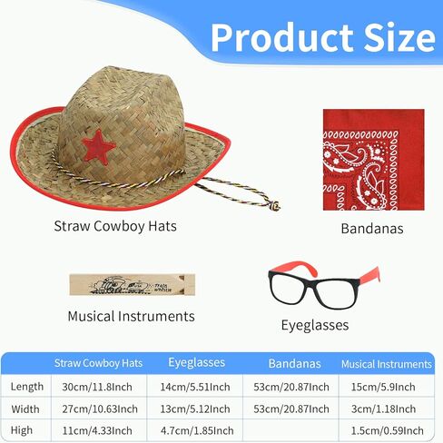 مجموعة قبعات رعاة البقر من القش للاطفال مكونة من 24 قطعة من ميوني، تتضمن 6 قبعات حفلات كاوبوي مع باندانا ازرق واحمر ونظارات، ديكورات حفلات راعية البقر للاولاد والبنات، لوازم حفلات اعياد الميلاد in Kuwait