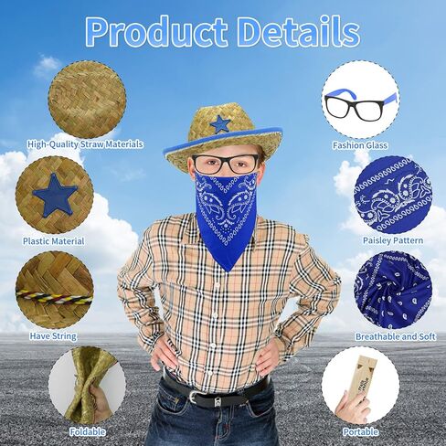 مجموعة قبعات رعاة البقر من القش للاطفال مكونة من 24 قطعة من ميوني، تتضمن 6 قبعات حفلات كاوبوي مع باندانا ازرق واحمر ونظارات، ديكورات حفلات راعية البقر للاولاد والبنات، لوازم حفلات اعياد الميلاد in Kuwait