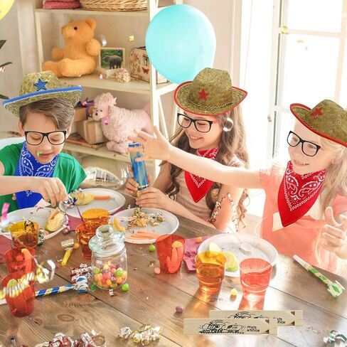 مجموعة قبعات رعاة البقر من القش للاطفال مكونة من 24 قطعة من ميوني، تتضمن 6 قبعات حفلات كاوبوي مع باندانا ازرق واحمر ونظارات، ديكورات حفلات راعية البقر للاولاد والبنات، لوازم حفلات اعياد الميلاد in Kuwait