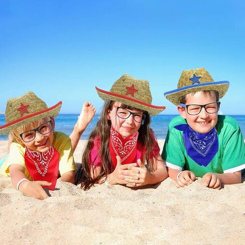 مجموعة قبعات رعاة البقر من القش للاطفال مكونة من 24 قطعة من ميوني، تتضمن 6 قبعات حفلات كاوبوي مع باندانا ازرق واحمر ونظارات، ديكورات حفلات راعية البقر للاولاد والبنات، لوازم حفلات اعياد الميلاد in Kuwait