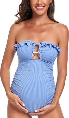 EastElegant Maternity Ruffle Ribbed Cutout One Piece Swimwear Square Ring Linked Pregnancy Bathing Suit in Saudi Arabia