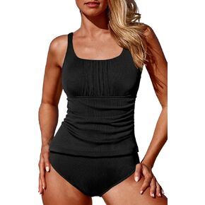 Aleumdr Women's Ribbed Ruched Two Piece Tankini Bathing Suits Tummy Control Swim Top with Bottom Swimsuits