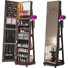 HNEBC 360° Swivel Jewelry Armoire with Mirror, LED Mirror Jewelry Cabinet Standing, Full Length Mirror with Jewelry Storage, Standing Jewelry Organizer/Lockable Wheels/Foldable Makeup Shelf (A-White)