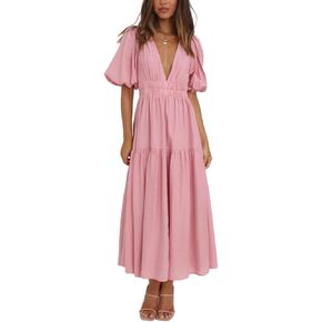 HOULENGS Women's Deep V Neck Puff Short Sleeve Tiered Dress Elastic High Waist Flowy A Line Midi Dresses