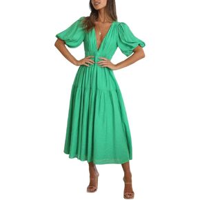 HOULENGS Women's Deep V Neck Puff Short Sleeve Tiered Dress Elastic High Waist Flowy A Line Midi Dresses in Kuwait