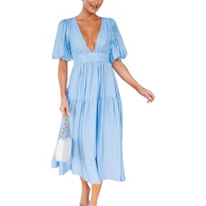 HOULENGS Women's Deep V Neck Puff Short Sleeve Tiered Dress Elastic High Waist Flowy A Line Midi Dresses