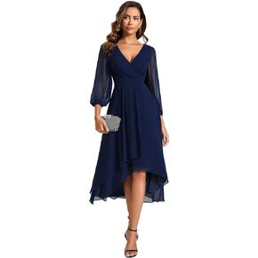 Ever-Pretty Women's Chiffon V Neck Long Sleeves Pleated A-Line Midi Length Wedding Guest Dress 01926 in Kuwait